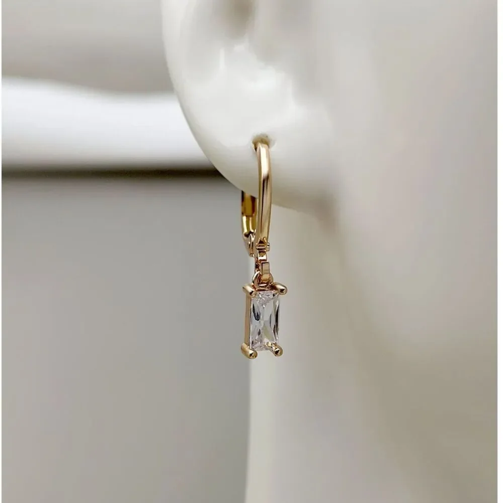 Clear Zirconia Crystal Pendant Drop Hoop Earrings Gold Dangle Gemstone Charm